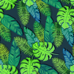 Naklejka na ściany i meble Vector illustration, Tropical summer. tropical leaves,cacti, seamless pattern, dark background, Handmade