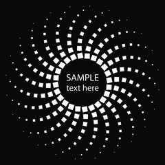 White curvy halftone square dots in circle form. Geometric art. Trendy design element for border frame, logo, blackout tattoo, symbol, web, prints, posters, template, pattern and abstract background