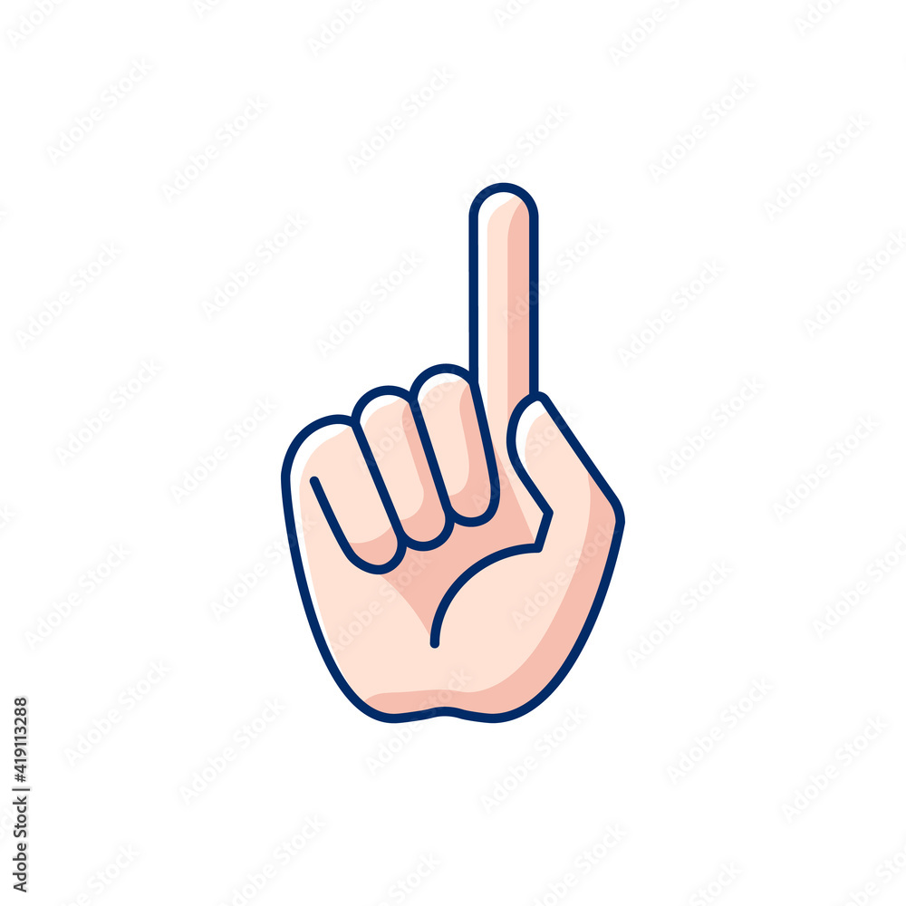 Poster one finger pointing rgb color icon. pointing with index finger of hand at something. communication e