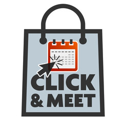 CLICK AND MEET sticker or symbol with calendar icon and shopping bag, in person shopping after making appointment online concept
