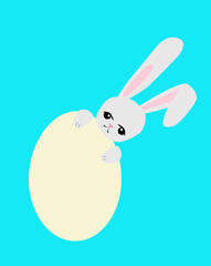 small rabbit with egg on blue background