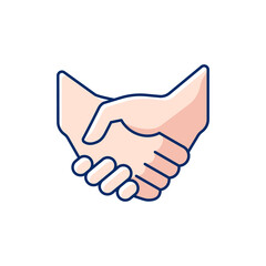 Handshake RGB color icon. Successful business deal. Communication elements. Partnerships. Mutually beneficial deal. Reaching agreement. Gesture of courtesy. Isolated vector illustration