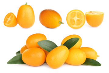 Set with fresh ripe kumquat fruits on white background