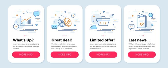 Set of Finance icons, such as Graph, Bitcoin, Shopping basket symbols. Mobile screen app banners. Checklist line icons. Presentation diagram, Cryptocurrency coin, Sale offer. Survey. Vector