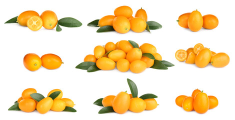 Set with fresh ripe kumquat fruits on white background. Banner design