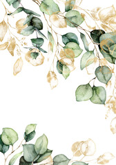 Watercolor border of gold eucalyptus branches, leaves and seeds. Hand painted card of plants isolated on white background. Floral illustration for design, print, fabric or background.