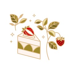 Hand drawn green tea cake, pastry, bakery and cafe logo elements with floral leaf and strawberry fruit isolated on white background