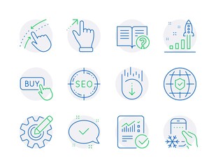 Technology icons set. Included icon as Cogwheel, Scroll down, Help signs. Seo, Global insurance, Development plan symbols. Checked calculation, Approved, Buy button. Touchscreen gesture. Vector