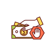 Risk for paying in cash RGB color icon. Money exchanging for goods, services. Spreading coronavirus reducing. Online transactions benefits. Cash payments via e-payment. Isolated vector illustration
