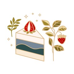 Hand drawn cake, pastry, bakery and cafe logo elements with floral leaf and strawberry fruit isolated on white background