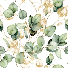 Fototapeten Watercolor seamless pattern of gold eucalyptus branches, seeds and leaves. Hand painted tropical plants isolated on white background. Floral illustration for design, print, fabric or background. © yuliya_derbisheva