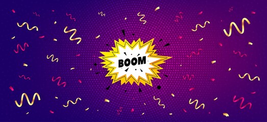 Boom sale sticker. Festive confetti background with offer message. Discount banner shape. Coupon bubble icon. Best advertising confetti banner. Boom sale badge shape. Vector