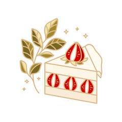 Hand drawn cake, pastry, bakery and cafe logo elements with floral leaf and strawberry fruit isolated on white background