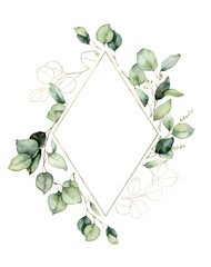 Watercolor gold rhombus frame of linear eucalyptus branches, leaves and seeds. Hand painted card of plants isolated on white background. Floral illustration for design, print, fabric or background.