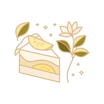 Hand drawn lemon cake, pastry, cafe and bakery logo element with floral leaf and fruit isolated on white background