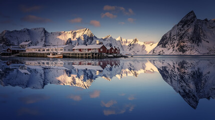 Scenic image of Norway nature in winter sunny day. Snowcapped mountains, perfect  sky, red rorbues with reflected in water. Impressively beautiful Scenery of Lofoten islands. Beauty of nature concept