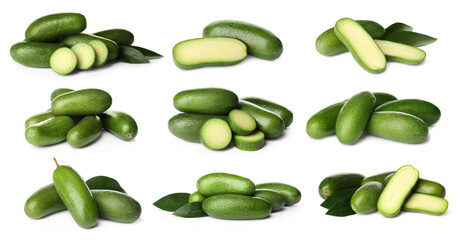 Set with fresh seedless avocados on white background. Banner design