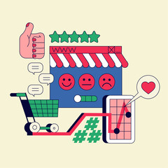 E-commerce. Online shopping, sales. Cart, smartphone device, like sign. Modern flat style illustration