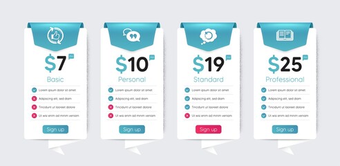 Included icon as Refresh like, Recovery data, Quote bubble signs. Price table template, business plan chart. Technology icons set. Education flat icons. Vector