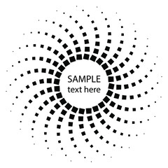 Black curvy halftone square dots in circle form. Geometric art. Trendy design element for border frame, logo, tattoo, symbol, web, prints, posters, template, pattern and abstract background