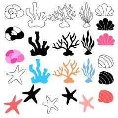 Children's illustration of a marine scenery in black and white, color and linear version on a white background. For a children's magazine, postcards, educational toys, coloring pages, stickers. Sea
