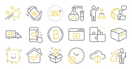 Set of Technology icons, such as Truck transport, Call center, Chemistry lab symbols. Spanner, Cloud protection, Heart rating signs. Bitcoin, Video content, Algorithm. Puzzle, Smile. Vector