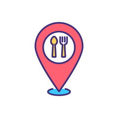 Fototapeta premium Local food RGB color icon. Dining locations. Restaurant, cafe, coffee cart, cafeterias. Food and beverage locations. Cuisines variety. Places offering grab-and-go items. Isolated vector illustration