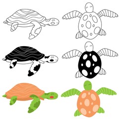 Children's illustration of a turtles in black and white, color and linear version on a white background. For a children's magazine, postcards, educational toys, coloring pages, stickers. Sea animals