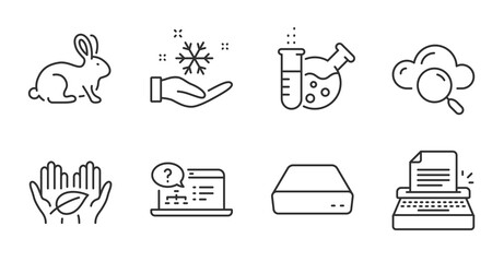 Online help, Chemistry lab and Animal tested line icons set. Mini pc, Typewriter and Freezing signs. Fair trade, Cloud computing symbols. Web support, Laboratory, Bio product. Science set. Vector