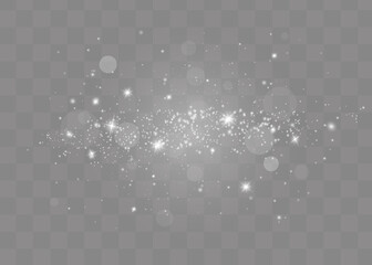 The dust sparks and golden stars shine with special light. Vector sparkles on a transparent background.