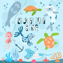 Children's illustration of a set with marine life 3 in black and white, color and linear version on a white background. For a children's magazine, postcards, educational toys, coloring pages, stickers