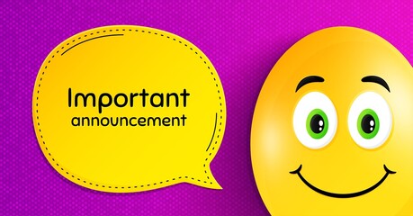 Important announcement. Easter egg with smile face. Special offer sign. Advertising discounts symbol. Easter smile character. Important announcement speech bubble. Yellow egg background. Vector