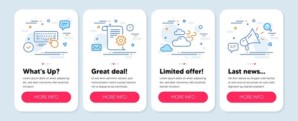 Set of line icons, such as Technical documentation, Windy weather, Computer keyboard symbols. Mobile app mockup banners. Megaphone line icons. Manual, Cloud wind, Pc device. Vector