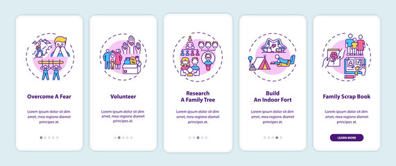 Family bonding tips onboarding mobile app page screen with concepts. Overcome children fear walkthrough 5 steps graphic instructions. UI vector template with RGB color illustrations