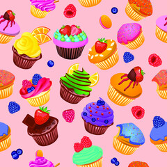 Cupcakes seamless pattern. Wrapping. Festive muffins with chocolate,fruits and berries.
