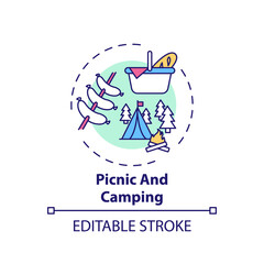 Picnic and camping concept icon. Outdoor family activities. Eating food in city park or forest with kids idea thin line illustration. Vector isolated outline RGB color drawing. Editable stroke