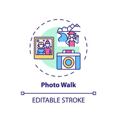 Photo walk concept icon. Outdoor family activities. Walk around with camera. Children taking pictures idea thin line illustration. Vector isolated outline RGB color drawing. Editable stroke