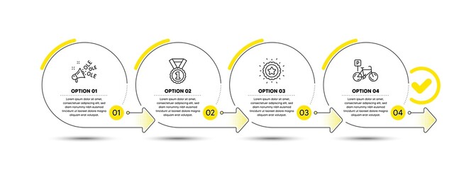 Winner star, Ole chant and Best rank line icons set. Timeline process infograph. Bicycle parking sign. Best award, Megaphone, Success medal. Bike park. Sports set. Infographics timeline banner. Vector