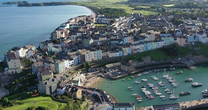 drone video of fishing village, Tenby, Wales, UK