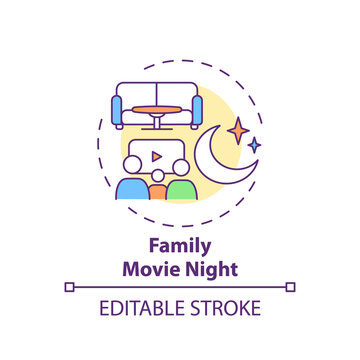 Family movie night concept icon. Indoor family activities. Watching films with children. Relaxing family evening idea thin line illustration. Vector isolated outline RGB color drawing. Editable stroke