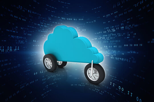 3d illustration Cloud computing with wheels
