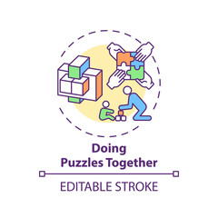 Doing puzzles together concept icon. Indoor family activities. Upgrading kids attention to details. Children idea thin line illustration. Vector isolated outline RGB color drawing. Editable stroke