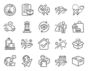 Transportation icons set. Included icon as Honeymoon travel, Select flight, Transport insurance signs. Airplane, Airplane travel, Connecting flight symbols. 48 hours, Parcel checklist. Vector