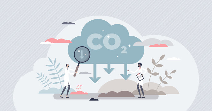 CO2 reduction to reduce carbon dioxide greenhouse gases tiny person concept