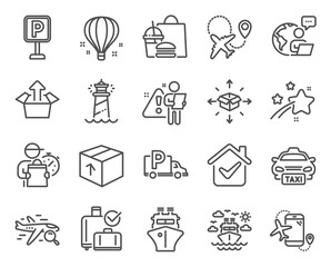 Transportation icons set. Included icon as Flights application, Taxi, Lighthouse signs. Parcel delivery, Air balloon, Package symbols. Truck parking, Ship travel, Send box. Airplane, Ship. Vector