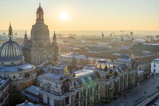 View over Dresden old town with sunset in the background