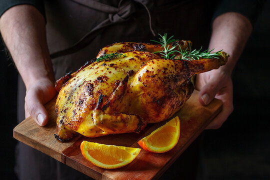 A man holding a juicy roasted chicken with mustard, honey and oranges