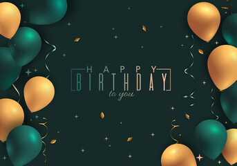 Happy Birthday congratulation card with green and gold balloons	