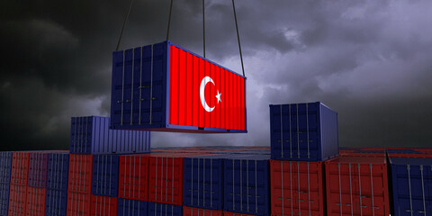 A freight container with the turkish flag hangs in front of many blue and red stacked freight containers - concept trade - import and export - 3d illustration