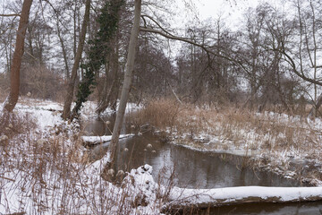Mała rzeka zimą. Brzegi pokryte warstwą śniegu.